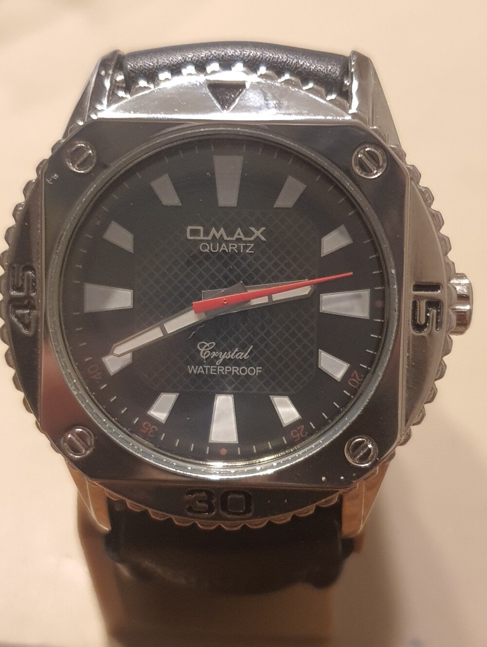 Omax Silver/Black Leather Diver Style Men's Watch